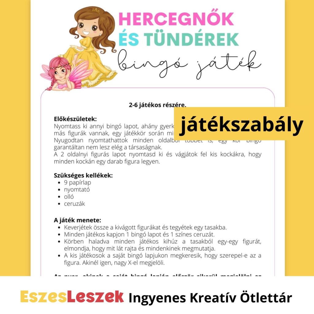 eszesleszek.hu | Nyomtatható játékok | Kreatív ötlettár | Letölthető játékok | letölthető bingó gyerekeknek | hercegnők és tündérek bingó