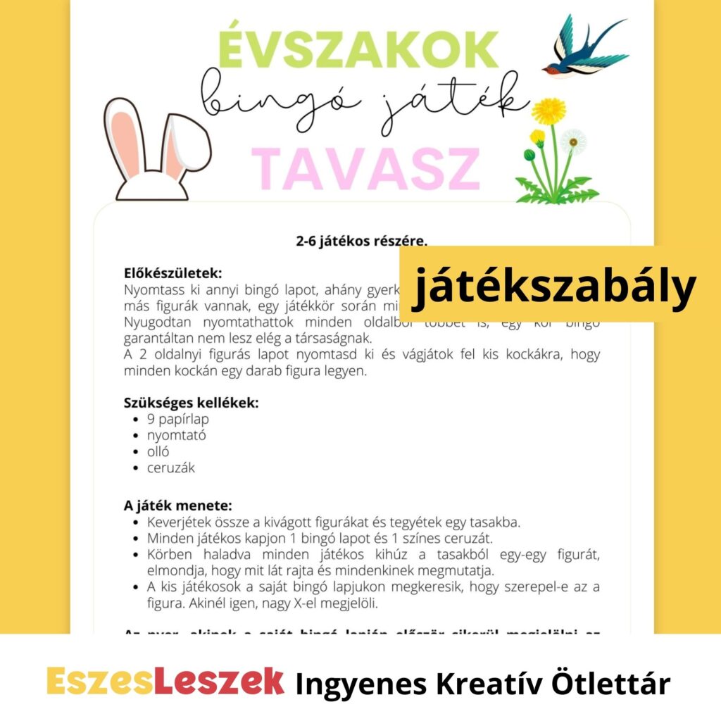 eszesleszek.hu | Nyomtatható játékok | Kreatív ötlettár | Letölthető játékok | letölthető bingó gyerekeknek | tavasz bingó, játék az évszakokkal