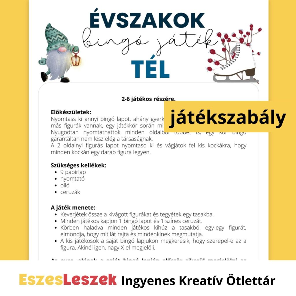 eszesleszek.hu | Nyomtatható játékok | Kreatív ötlettár | Letölthető játékok | letölthető bingó gyerekeknek | tél bingó, játék az évszakokkal