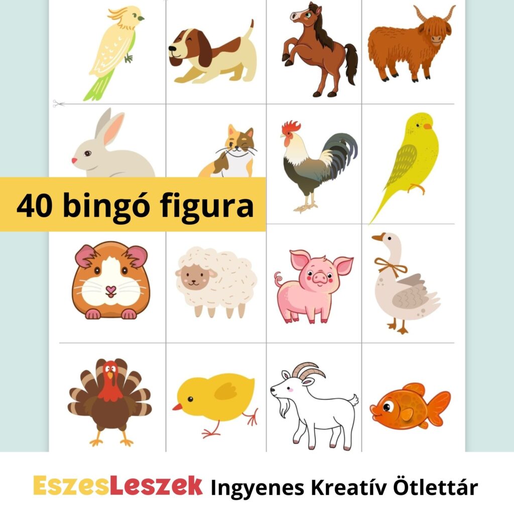 eszesleszek.hu | Nyomtatható játékok | Kreatív ötlettár | Letölthető játékok | letölthető bingó gyerekeknek | háziállat bingó, állatos játékok