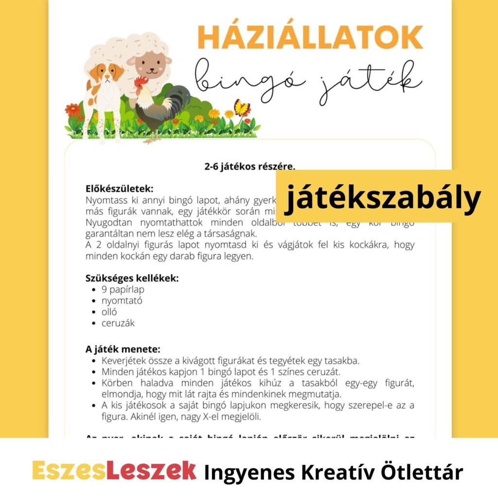 eszesleszek.hu | Nyomtatható játékok | Kreatív ötlettár | Letölthető játékok | letölthető bingó gyerekeknek | háziállat bingó, állatos játékok