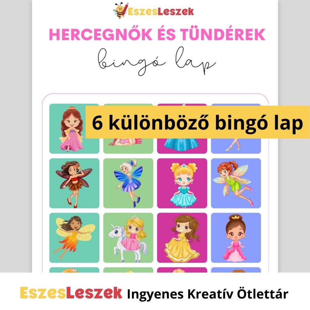 eszesleszek.hu | Nyomtatható játékok | Kreatív ötlettár | Letölthető játékok | letölthető bingó gyerekeknek | hercegnők és tündérek bingó