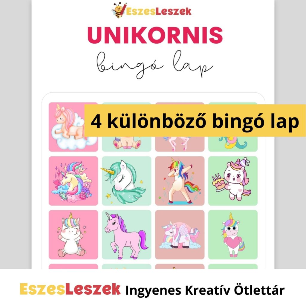 eszesleszek.hu | Nyomtatható játékok | Kreatív ötlettár | Letölthető játékok | letölthető bingó gyerekeknek | unikornisos játékok | egyszarvú bingó