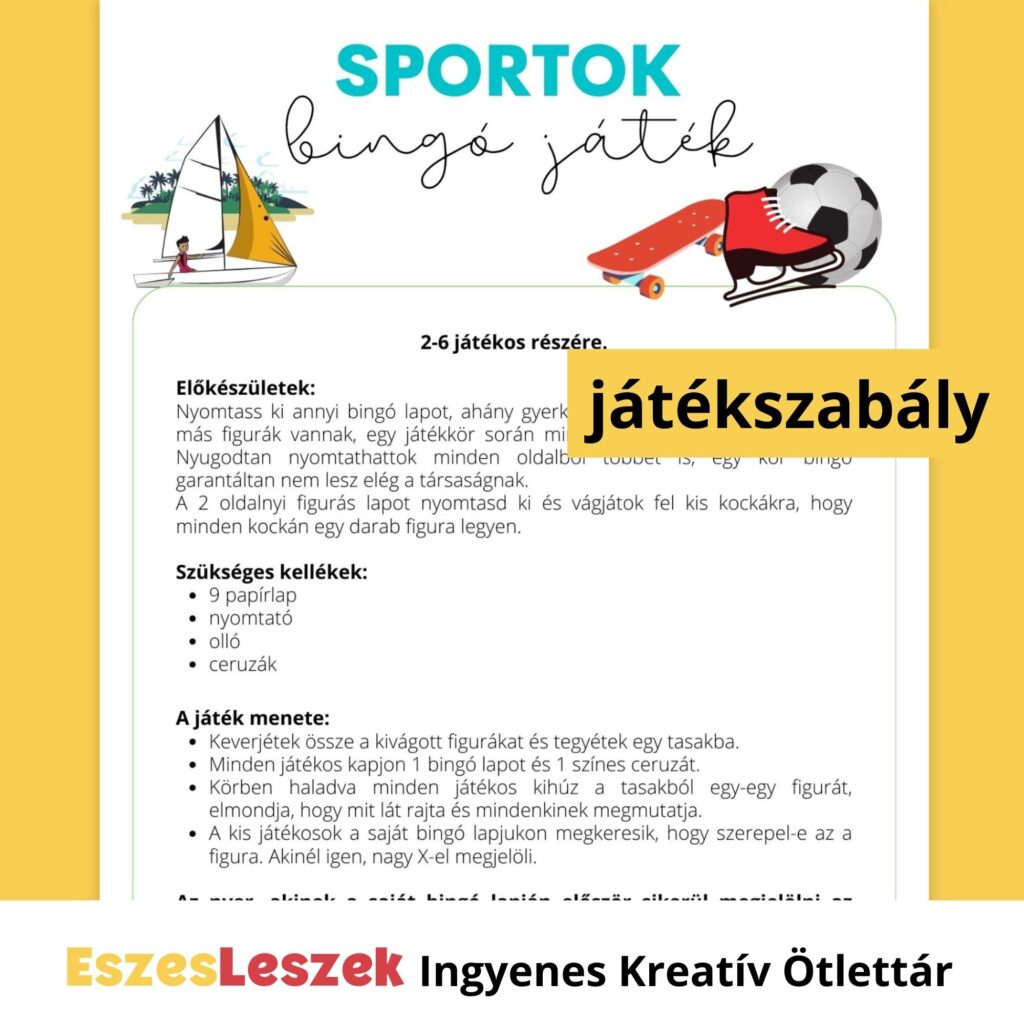 eszesleszek.hu | Nyomtatható játékok | Kreatív ötlettár | Letölthető játékok | letölthető bingó gyerekeknek | sport bingó