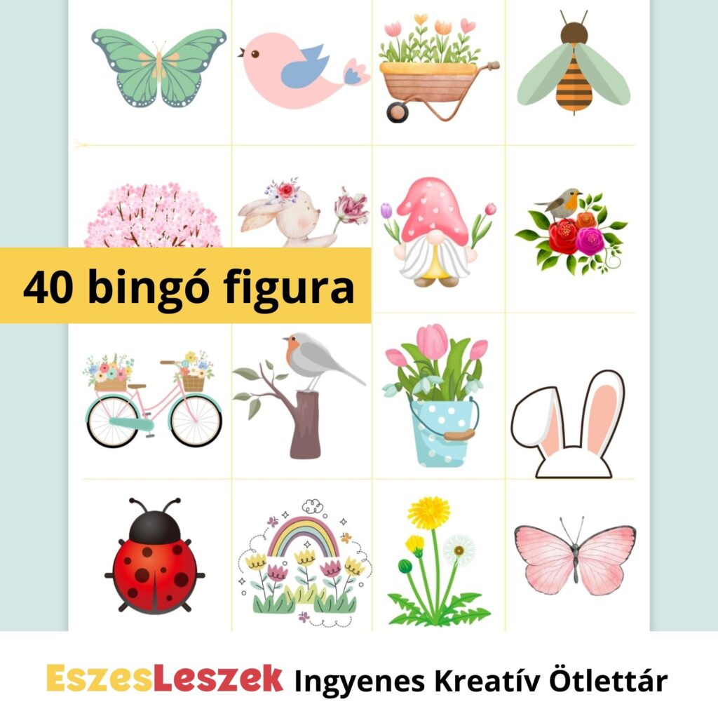 eszesleszek.hu | Nyomtatható játékok | Kreatív ötlettár | Letölthető játékok | letölthető bingó gyerekeknek | tavasz bingó, játék az évszakokkal