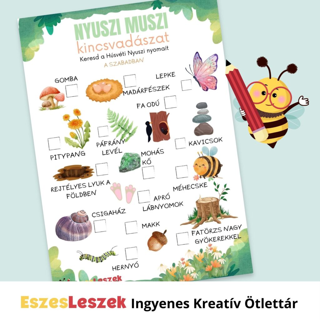 eszeseszek.hu | kreatív ötlettár | ingyen játékok | okos játékok | nyomtatható játékok | húsvéti játék | húsvéti kincskereső | húsvéti letölthető játék | erdei játék | játék a szabadban | húsvéti nyuszi keresés