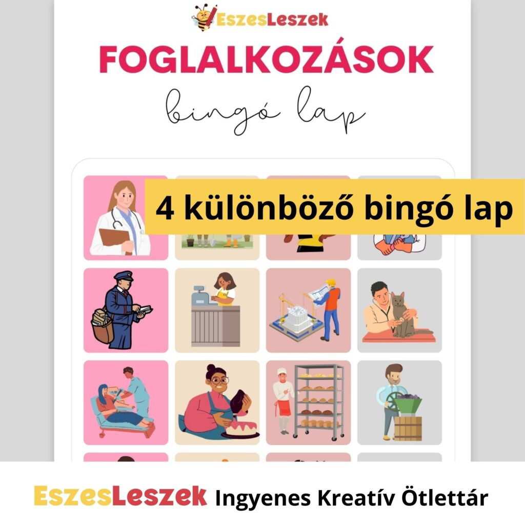 eszesleszek.hu | Nyomtatható játékok | Kreatív ötlettár | Letölthető játékok | letölthető bingó gyerekeknek | foglalkozások bingó, munkát bemutató játékok