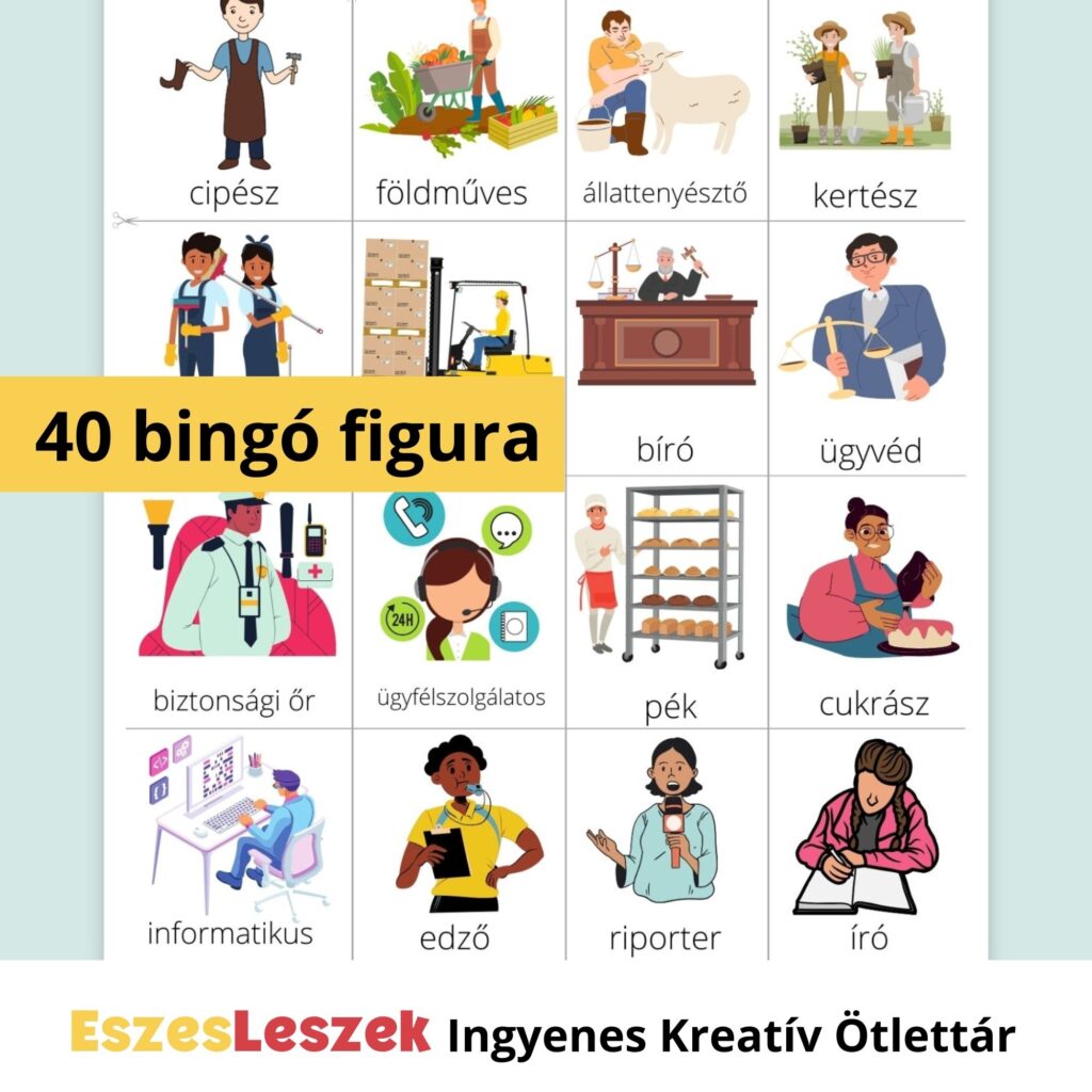 eszesleszek.hu | Nyomtatható játékok | Kreatív ötlettár | Letölthető játékok | letölthető bingó gyerekeknek | foglalkozások bingó, munkát bemutató játékok