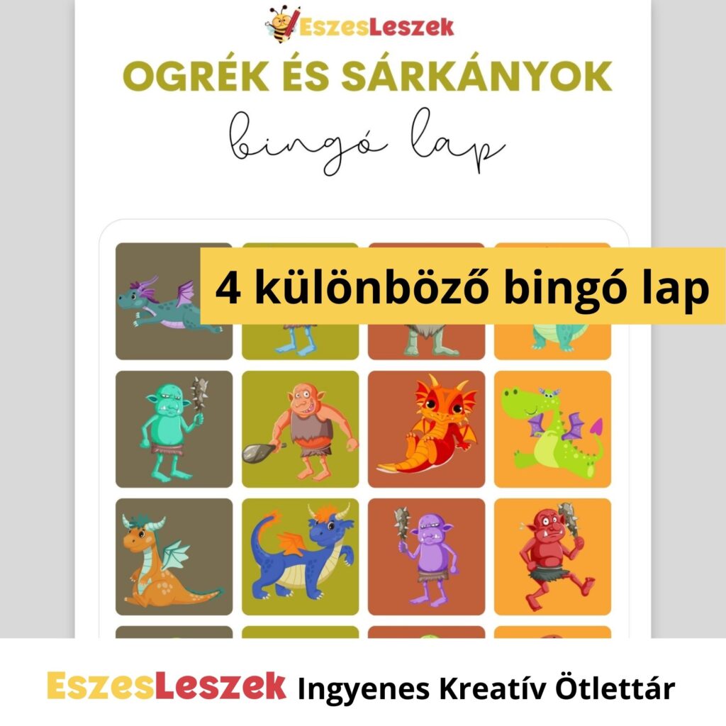 eszesleszek.hu | Nyomtatható játékok | Kreatív ötlettár | Letölthető játékok | letölthető bingó gyerekeknek | sárkányok és ogrék | sárkányos bingó | bingó játék fiúknak