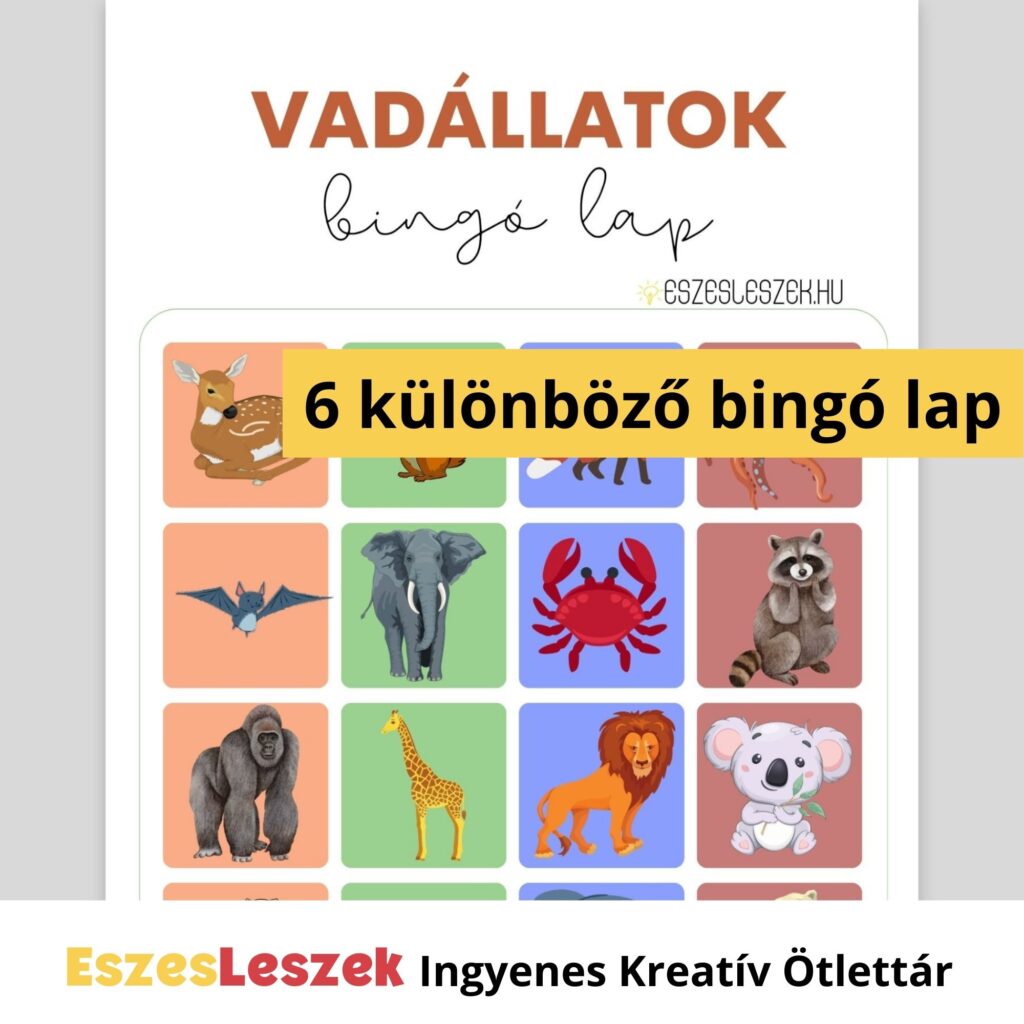 eszesleszek.hu | Nyomtatható játékok | Kreatív ötlettár | Letölthető játékok | letölthető bingó gyerekeknek | vadállat bingó, állatos játékok